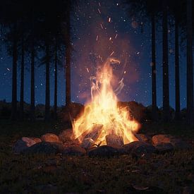 Campfire in the middle of conifers at night by Besa Art