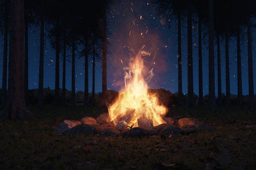Campfire in the middle of conifers at night by Besa Art