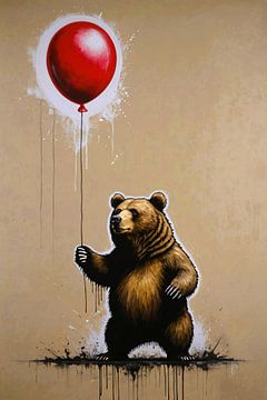 Un ours brun tient un ballon rouge brillant sur De Muurdecoratie