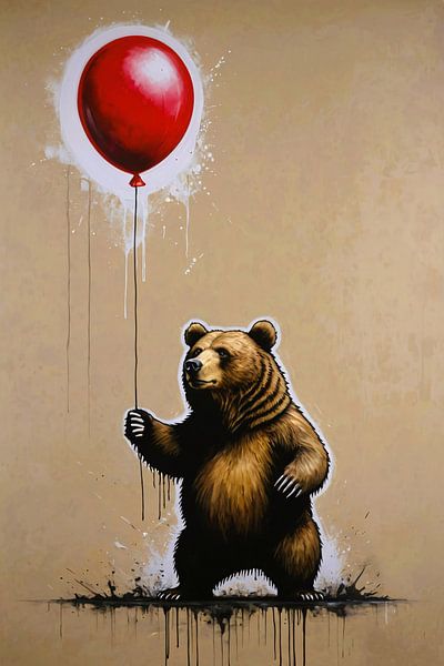 Brown bear holds a shiny red balloon by Art & Soul Creations