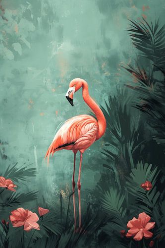 Flamingo im tropischen Paradies mit Blumen und Pflanzen