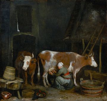 Meisje melkt koe in een schuur van Richard Rijsdijk