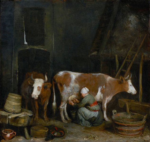 Girl milks cow in a barn by Richards Fine Art