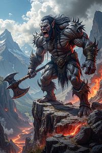 Dark Fantasy Wandbild: GORMAK - Ein Ork Krieger mit seiner Axt im Gebirge
