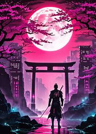 Cyberpunk Warrior with Torii Gate and Moon