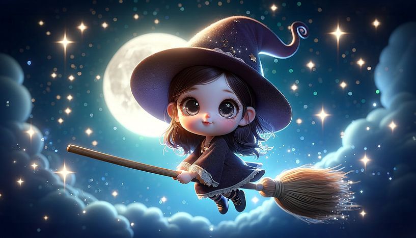 Little witch flies through the starry night by artefacti