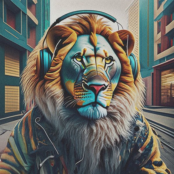 Digital Lion Portrait with headphones by Pim Haring