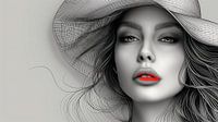 Verführerischer Look: Frau mit roten Lippen in Line Art
