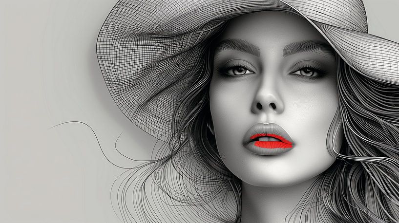 Verführerischer Look: Frau mit roten Lippen in Line Art von Artz by Mr.JAi