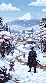 Pixelkunst: Der einsame Samurai in einem verschneiten japanischen Dorf, der unter Kirschbäumen entlangschreitet, während der Fuji über seine stille Reise wacht von my pixel art