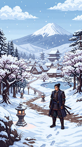 Pixel art : Le samouraï solitaire dans un village japonais enneigé, marchant sous les cerisiers tandis que le mont Fuji veille sur son voyage silencieux