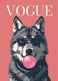 Wolf, stylisch mit Sonnenbrille, der rosa Kaugummi bläst – Vogue-Poster von Cross