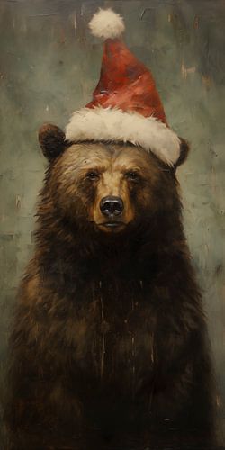 A brown bear wearing a Santa hat