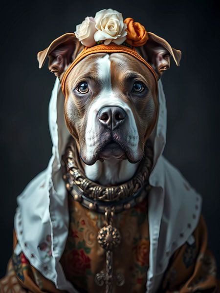 Pitbull hond in kleding van haroulita