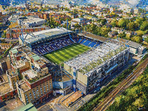 Schilderij van het voetbalstadion Stamford Bridge in Londen.