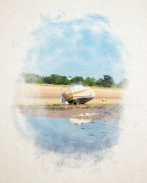 Boot liggend op het strand in waterverf van Youri Mahieu