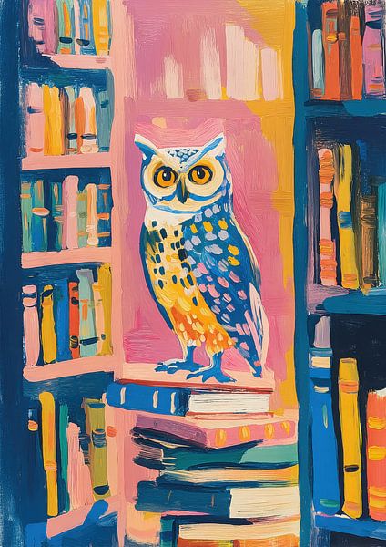 Eule in der Bibliothek – Verspielte Gouache von Niklas Maximilian