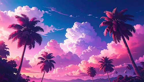 Retro vintage palmbomen met wolken