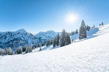 Sonnige Aussicht im Winter  im Allgäu und seine Bergkulisse