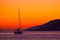 sailing yacht parked in the warm tropical sea under a bright orange sunset, relaxation and resort. by Michael Semenov thumbnail