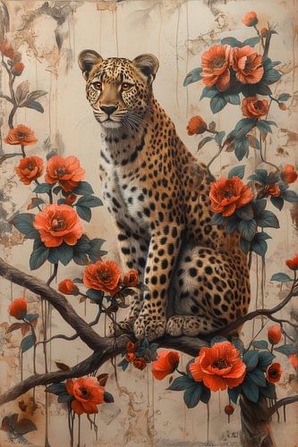 Majestic Harmony - Leopard amidst Red Flowers