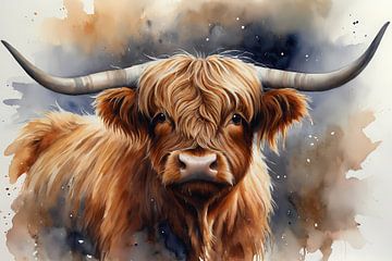 Highland koe portret met waterverf van De Muurdecoratie
