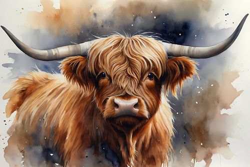 Portrait de vache des Highlands à l'aquarelle sur De Muurdecoratie