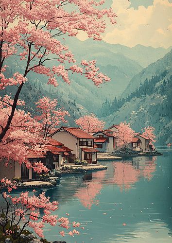 Japanese art print: The houses by the lake