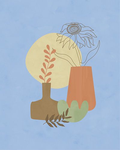 Nature morte minimaliste avec deux vases et un tournesol