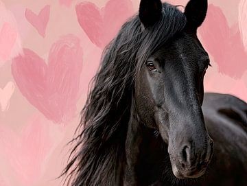 Cheval frison avec des cœurs sur fond rose sur Vlindertuin-Art