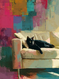 Black Cat on the Sofa | Colourful Modern Cat Portrait