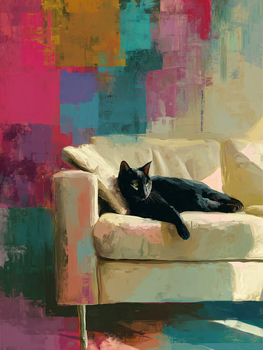 Black Cat on the Sofa | Colourful Modern Cat Portrait