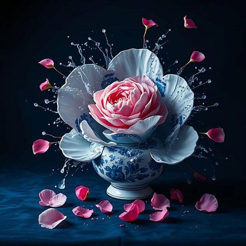 art modern delft blue vase with peony.
