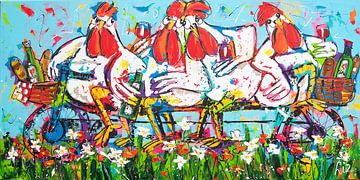 Hühner auf dem Fahrrad von Vrolijk Schilderij