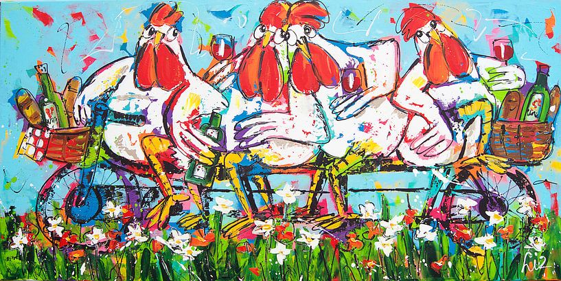 Chickens on the bicycle by Vrolijk Schilderij