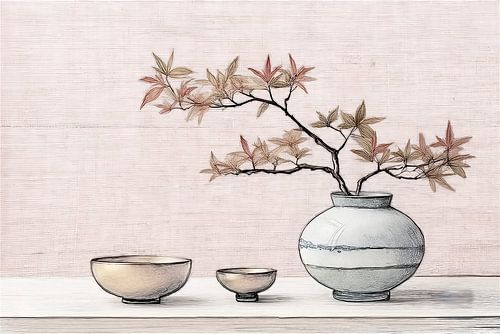 Japandi Art. Rustig Stilleven.  Vaas met Japanse Esdoorn