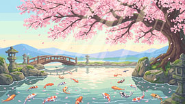 Pixelkunst: Friedlicher Sakura-Garten mit Spiegelungen der Koi von my pixel art