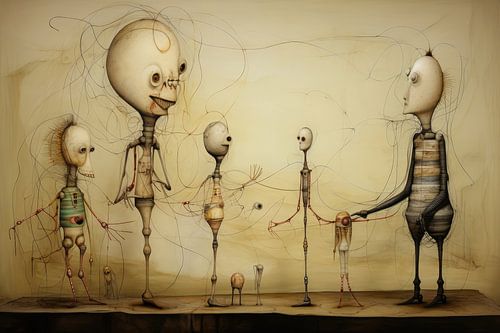 Bizarre surreal drawing of strange dolls