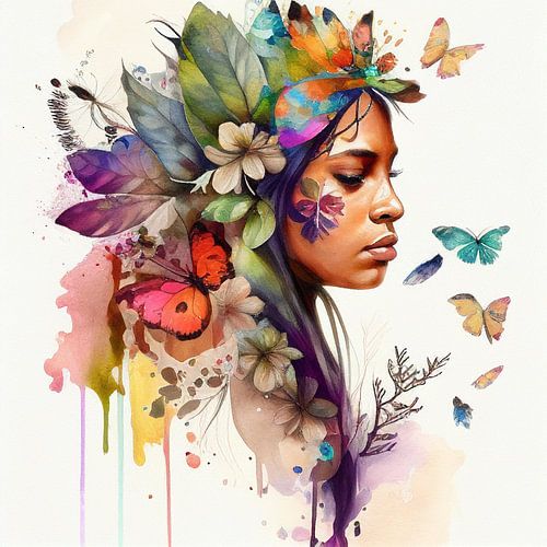 Florale inheemse krijgsvrouw met bladeren