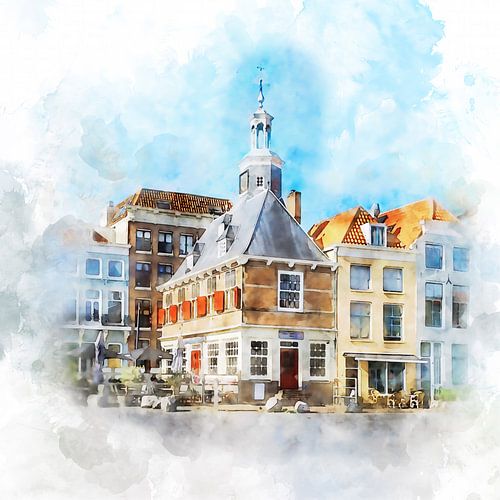 Aquarelschilderij van het voormalige Beursgebouw in Vlissingen , Zeeland