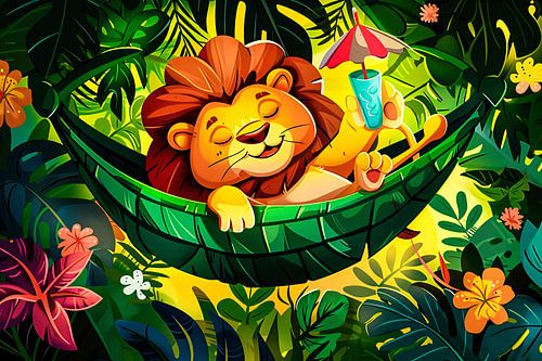 Lion décontracté dans un cadre tropical