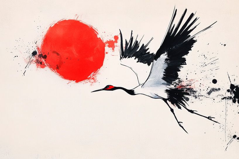 Crane flight in front of a red sun by Poster Art Shop