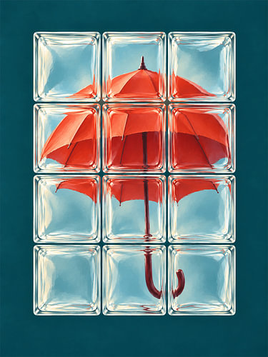 Un parapluie rouge derrière des blocs de verre