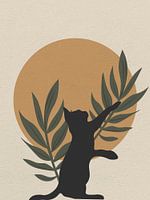 Minimal art van kat spelend met bladeren