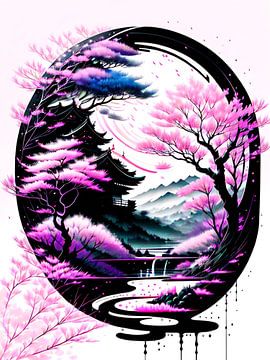 Idylle zen : temple et cerisiers en fleurs en harmonie sur ButterflyPix