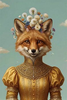 Majestic Victorian Fox Lady in Golden Lace Gown and Dandelion Crown