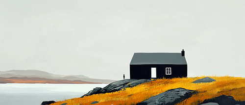 Einsame schwarze Hütte am Meer