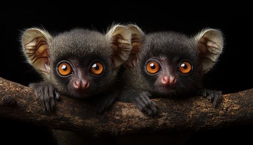 Galagos-Buschbabys auf einem Baum Panorama