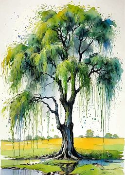 Weidenbaum Aquarell - Fließende ausdrucksstarke Landschaft