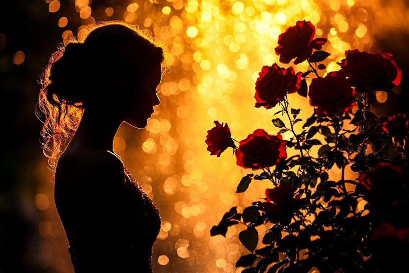 Silhouet vrouw bij rozenstruik van Imperial Art House